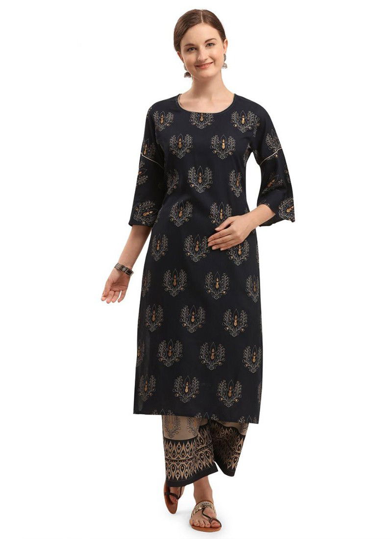 Dark Blue Colour Fancy Designer Ethnic Regular Wear Rayon Printed Kurti And Palzzo Stylish Latest Collection 133